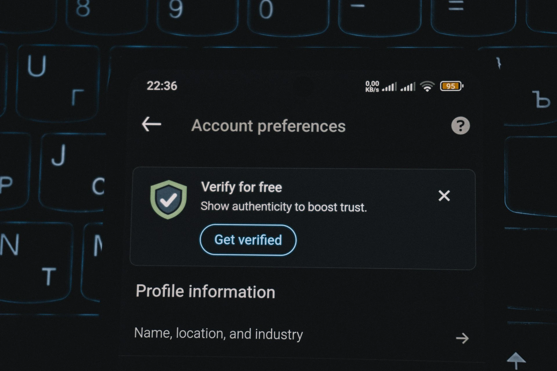 Account preferences screen with verification prompt
