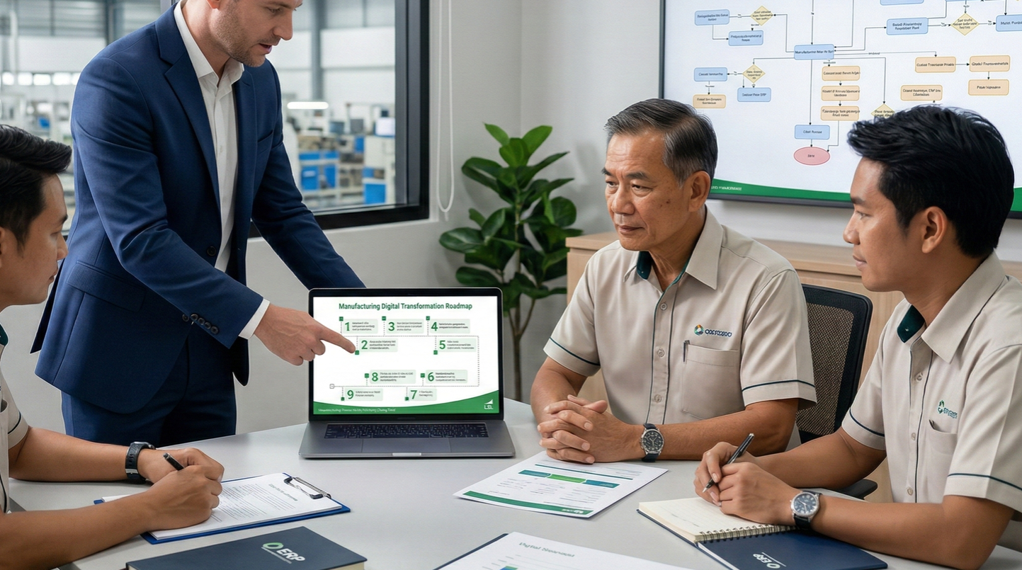 ที่ปรึกษากำลังอธิบาย Roadmap ERP ให้เจ้าของโรงงาน