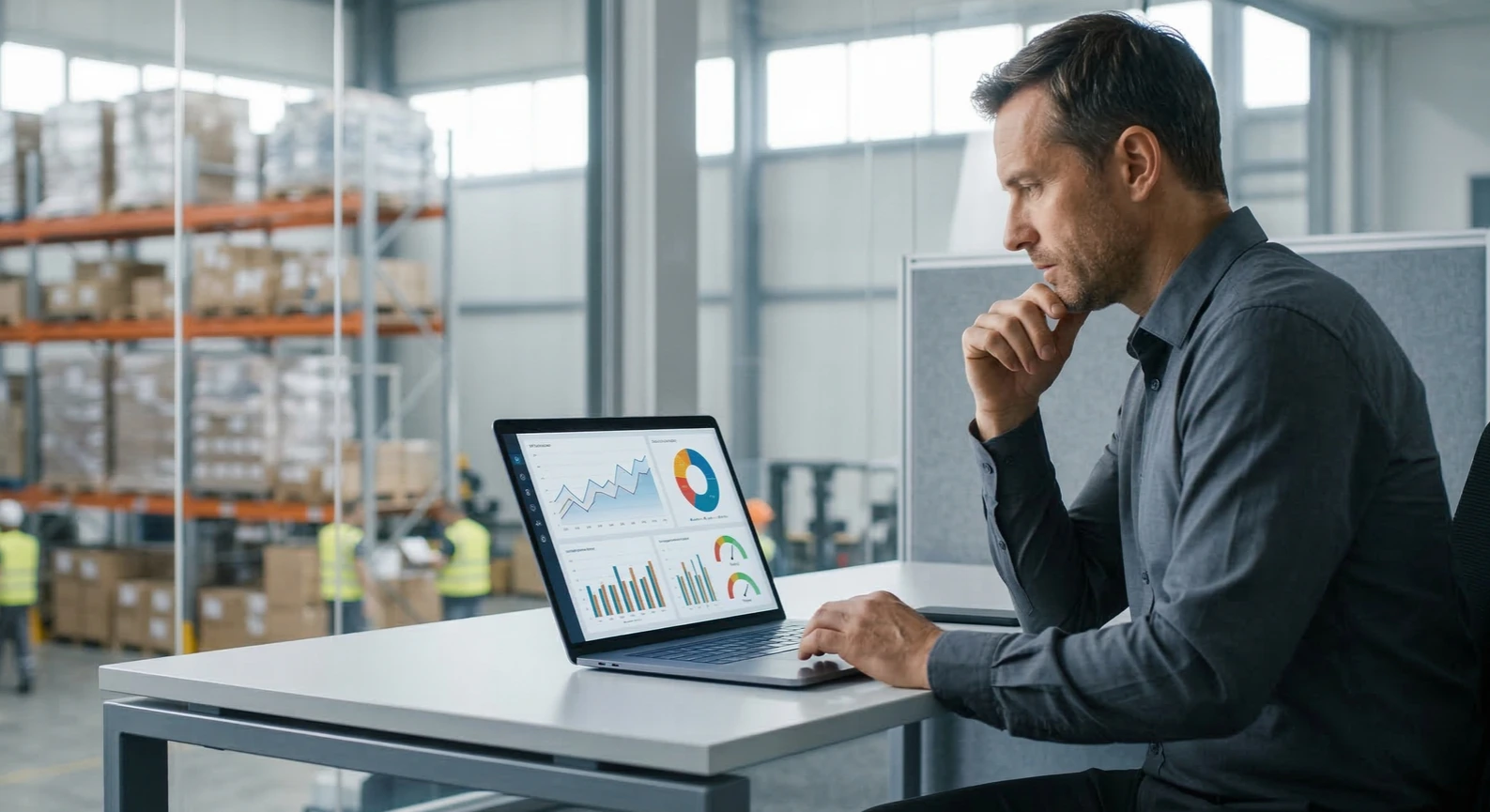 ผู้บริหารกำลังดู dashboard ERP ที่เชื่อมข้อมูลหลายฝ่าย